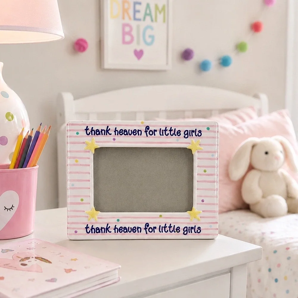 Vintage 2002 Thank Heaven for Little Girls 4x6 Picture Frame Pink Stars Striped